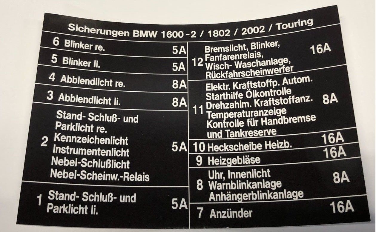 Aufkleber Sicherungen 1600-2 / 1802 / 2002 / Touring 1971- 1973 CS-24